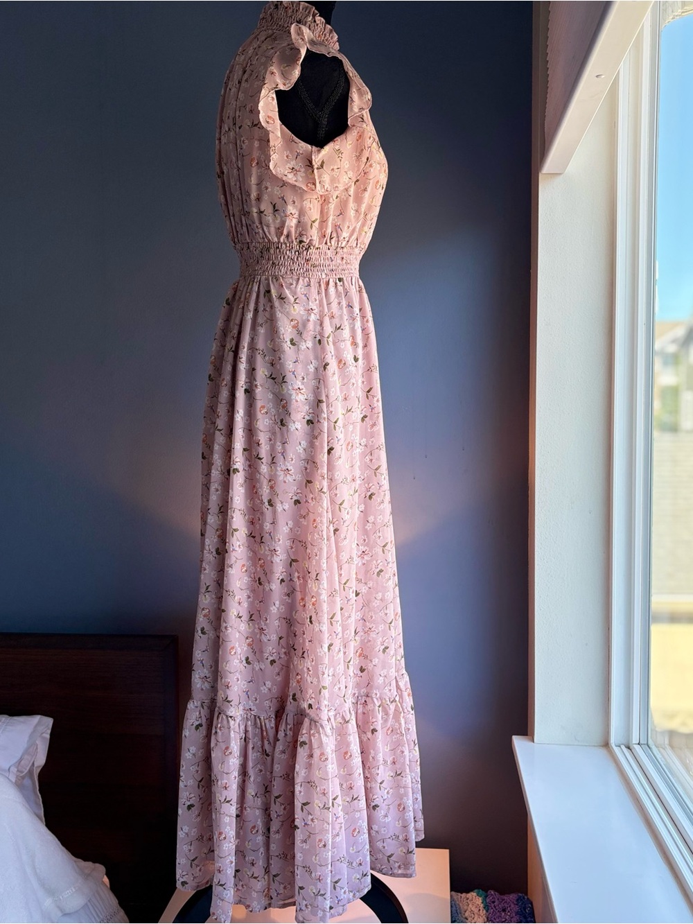 MELLODAY Pink Floral Smocked Maxi Dress with Ruffle Shoulders - Picture 7 of 16